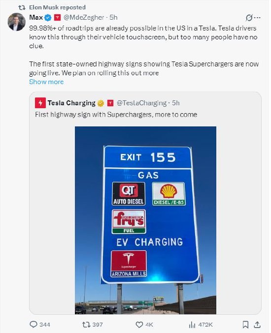 益配资 特斯拉：美国高速公路设置首个特斯拉超充站指示牌